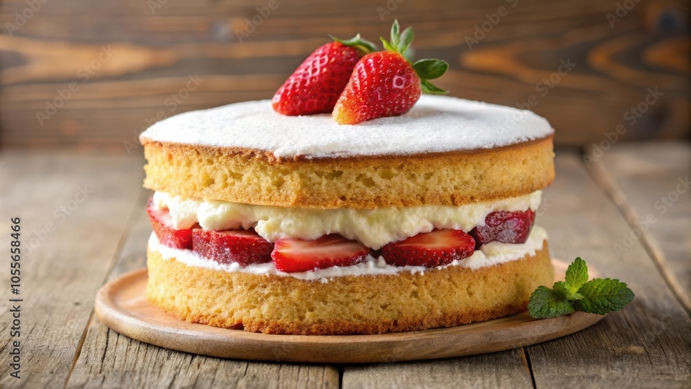 A Delicious Strawberry Cake with Whipped Cream and a Light Dusting of Powdered Sugar on a Wooden Board A Delicious Strawberry Cake with Whipped Cream and a Light Dusting of Powdered Sugar on a Wooden Board