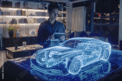 Engineer analyzing holographic car with ar. Generative AI