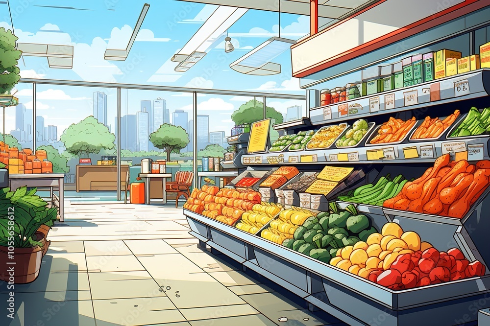 shelves with food and drink in a supermarket illustration shelves with food and drink in a supermarket illustration