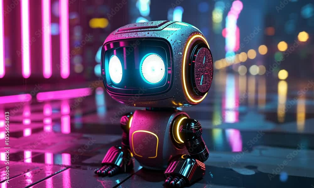 An AI robot stands in the middle of a rainy road, its bright blue eyes shining with curiosity and intelligence. An AI robot stands in the middle of a rainy road, its bright blue eyes shining with curiosity and intelligence.
