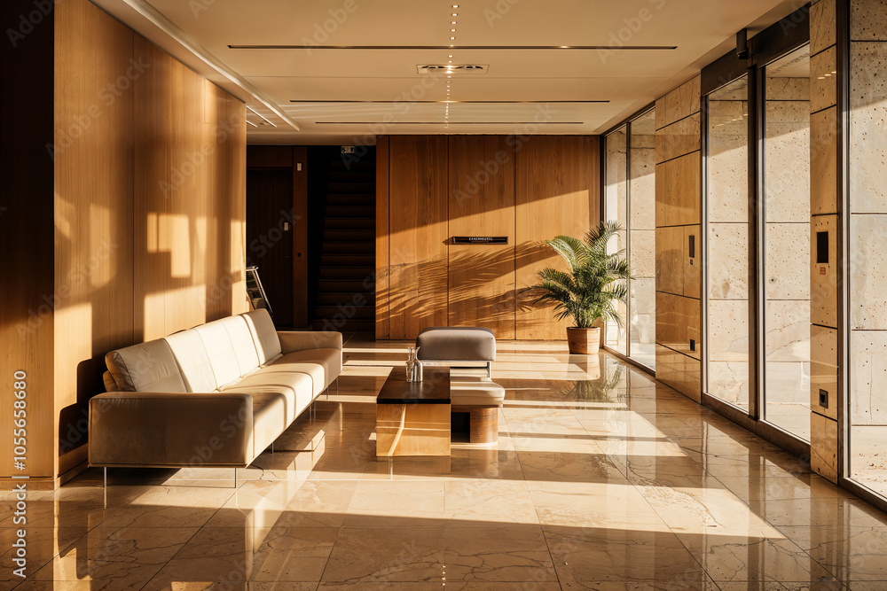 Modern lobby with natural light and sleek furniture. Generative AI image Modern lobby with natural light and sleek furniture. Generative AI image