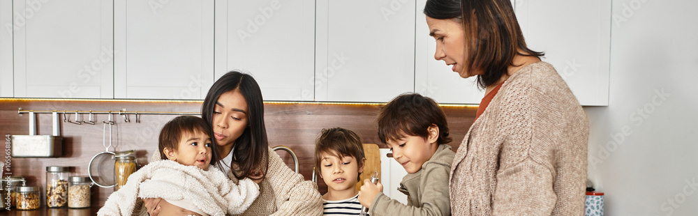 A joyful family gathers in a modern kitchen, preparing festive treats together before Christmas. A joyful family gathers in a modern kitchen, preparing festive treats together before Christmas.