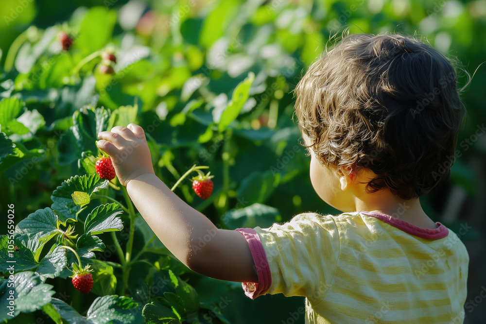 Child picking strawberries in sunny garden Child picking strawberries in sunny garden