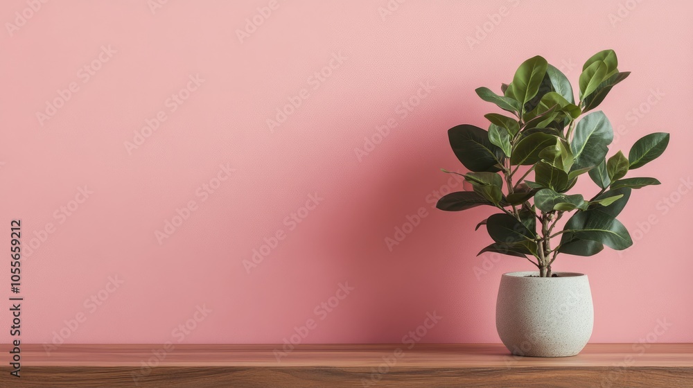 Fototapeta premium Wooden tabletop with a potted green plant positioned against a soft pastel pink wall creates a fresh and contemporary setting