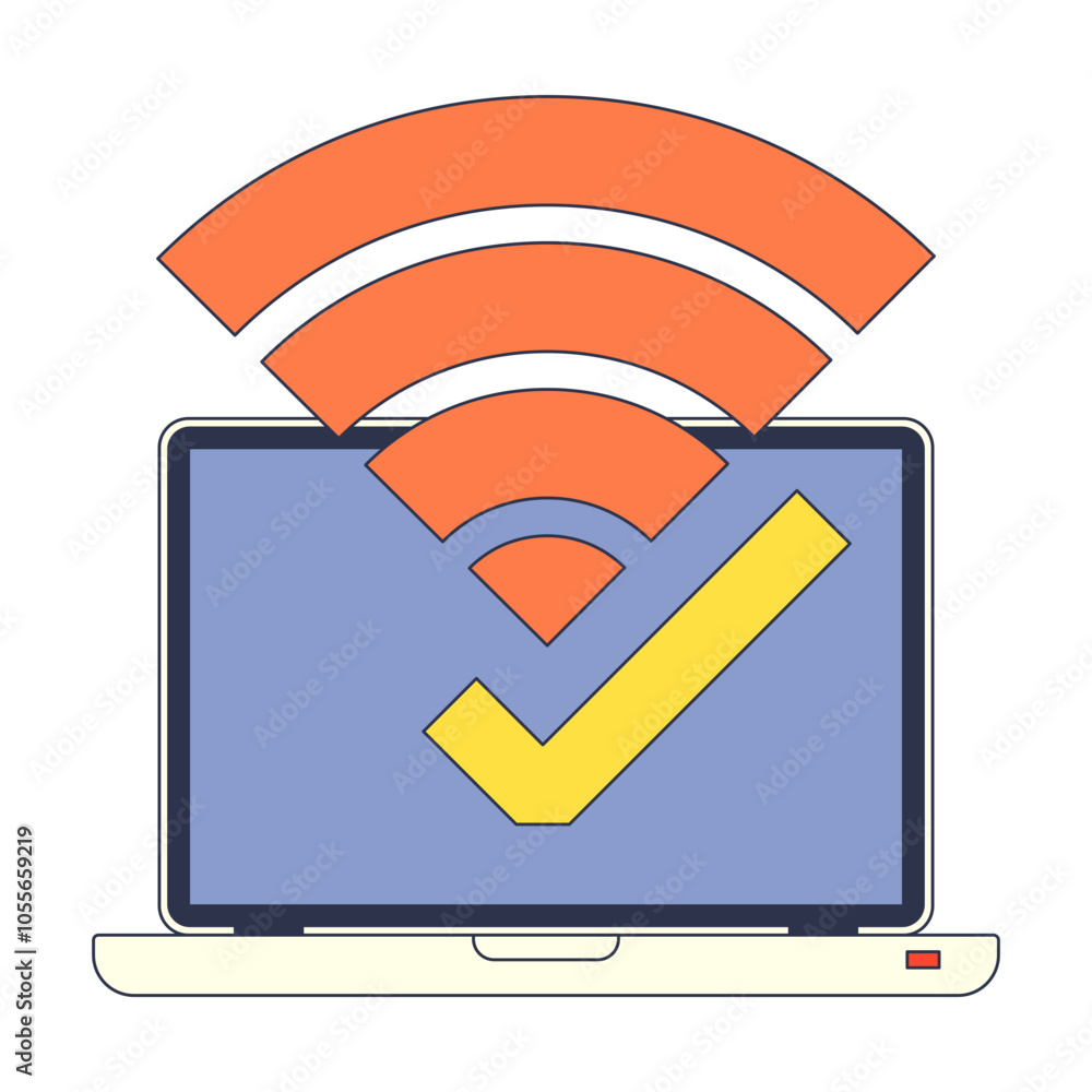Laptop with strong WiFi signal and checkmark symbolizing connectivity and reliability. Laptop with strong WiFi signal and checkmark symbolizing connectivity and reliability.