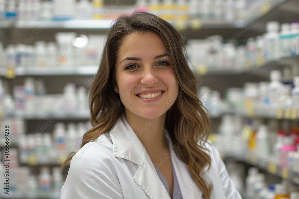 Friendly pharmacist smiling in a pharmacy. Generative AI image Friendly pharmacist smiling in a pharmacy. Generative AI image
