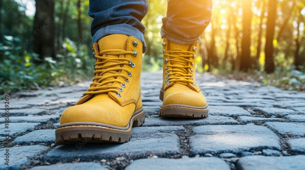 Close up of a man s legs wearing yellow boots on a paved stone path during a sunny spring day Close up of a man s legs wearing yellow boots on a paved stone path during a sunny spring day