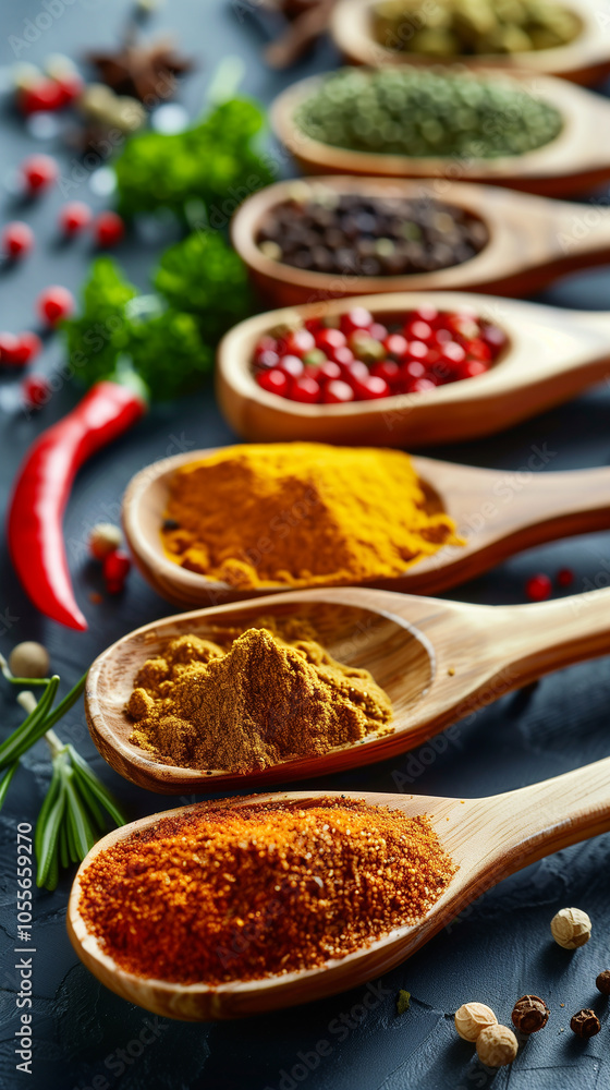 Vibrant Array of Colorful Spices in Wooden Spoons. Generative AI Vibrant Array of Colorful Spices in Wooden Spoons. Generative AI