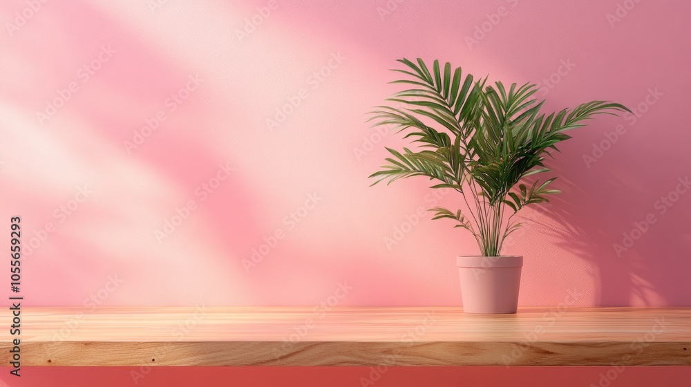 Wooden tabletop with a potted green plant positioned against a soft pastel pink wall creates a fresh and contemporary setting Wooden tabletop with a potted green plant positioned against a soft pastel pink wall creates a fresh and contemporary setting