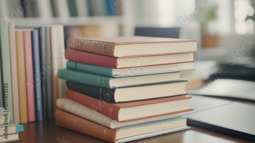 A cozy workspace featuring a stack of colorful books, perfect for learning, reading, or studying in a peaceful environment.