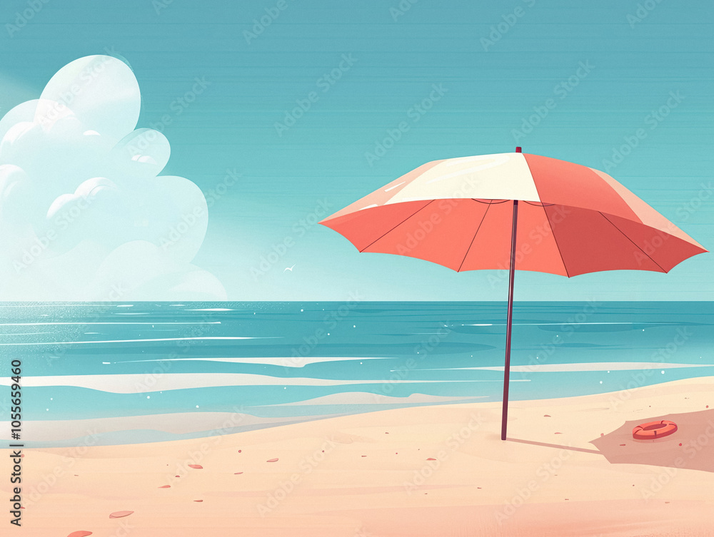 Serene beach scene with striped umbrella and calm sea. Generative AI image Serene beach scene with striped umbrella and calm sea. Generative AI image