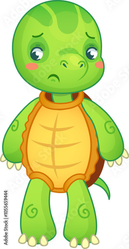 Sad turtle stands alone, looking upset and disappointed on a white background.