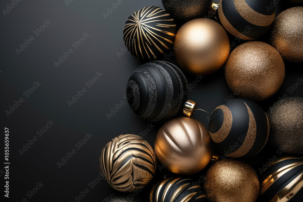 Elegant Christmas ornaments in gold and black on dark background Elegant Christmas ornaments in gold and black on dark background