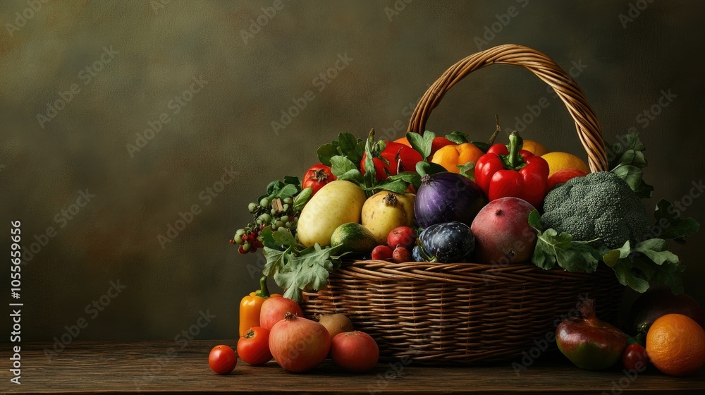 Assorted vegetables and fruits in a market basket, with ample room for copy space Assorted vegetables and fruits in a market basket, with ample room for copy space