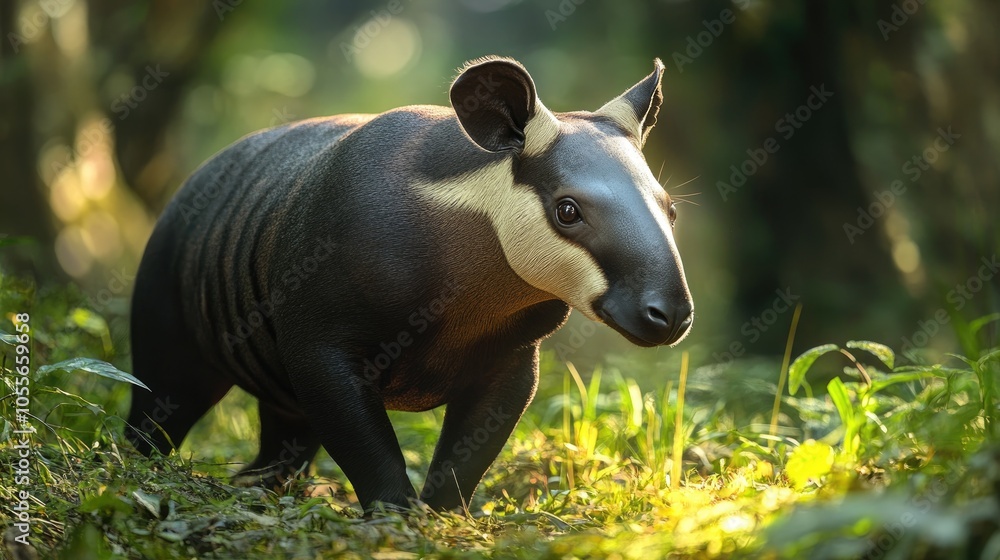 Fototapeta premium Close up of a tapir moving through grassy terrain