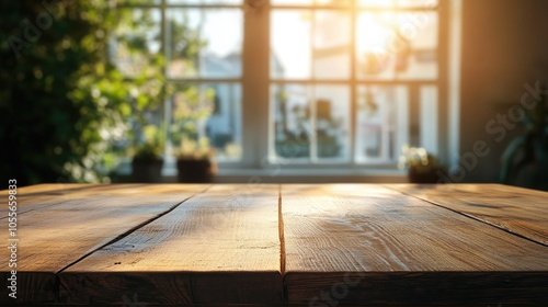 Wooden tabletop illuminated by bokeh light passing through windows set against a backdrop of natural sunlight High quality image