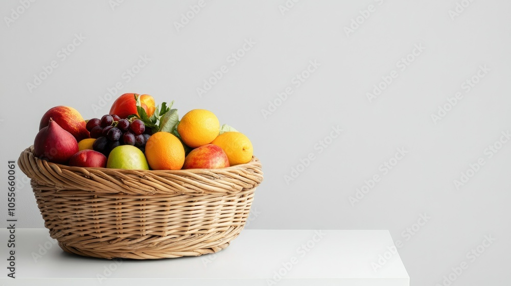 Basket filled with colorful produce on white table, with ample copy space for supermarket messages Basket filled with colorful produce on white table, with ample copy space for supermarket messages