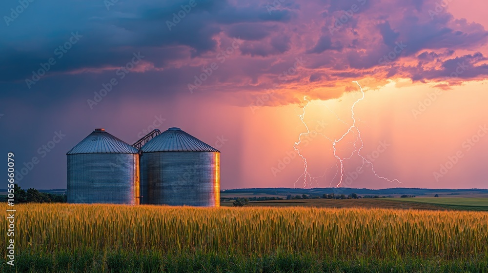 Grain silos amidst a summer thunderstorm featuring lightning brightening the sky and surrounding fields illustrating the challenges posed by nature with ample space for text Grain silos amidst a summer thunderstorm featuring lightning brightening the sky and surrounding fields illustrating the challenges posed by nature with ample space for text