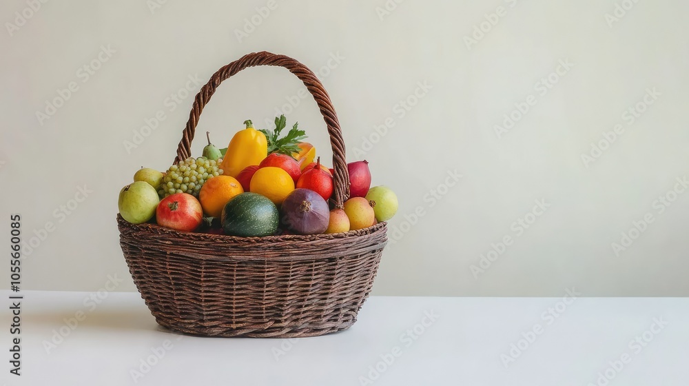 Basket filled with colorful produce on white table, with ample copy space for supermarket messages Basket filled with colorful produce on white table, with ample copy space for supermarket messages