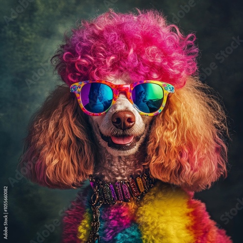 lovely poodles wearing sunglasses with vibrant colored frames and colorful hair,