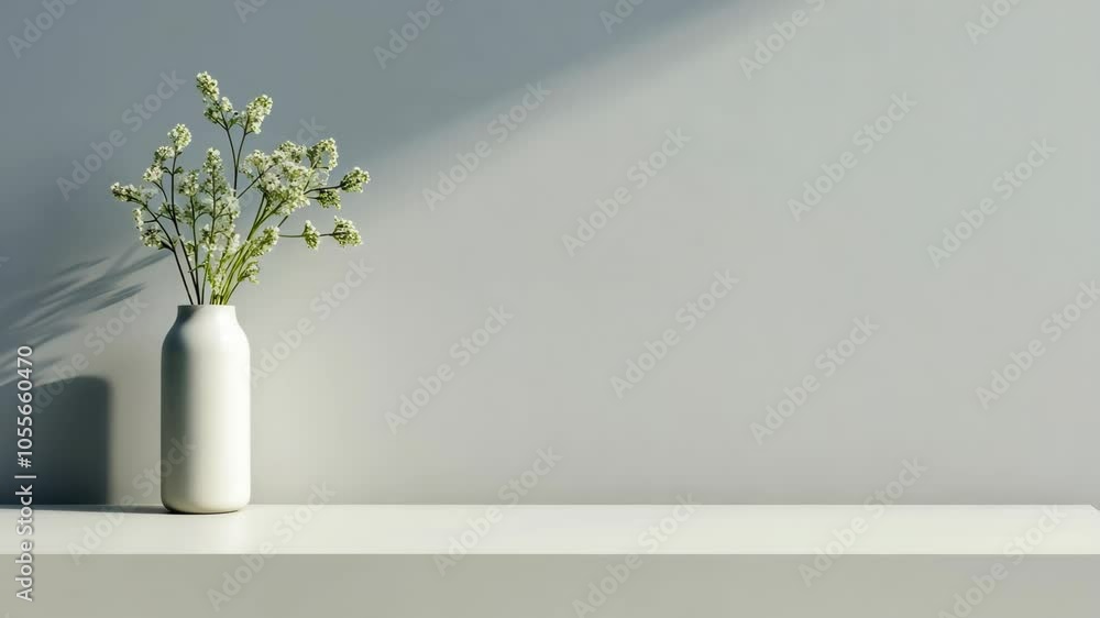 Minimalist White Vase With Flowers On White Surface Against Neutral Background, Modern Home Interior Decoration, Calm and Serene Aesthetic, Simple and Elegant Design, Light and Shadow Play Minimalist White Vase With Flowers On White Surface Against Neutral Background, Modern Home Interior Decoration, Calm and Serene Aesthetic, Simple and Elegant Design, Light and Shadow Play