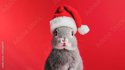 Adorable grey rabbit wearing a Santa hat on red background. Generative AI image photo