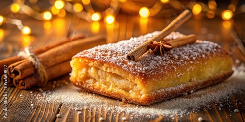 A Deliciously Sweet Pastry with a Festive Touch, Adorned with Powdered Sugar and Cinnamon Sticks, Glowing Warmly Under a String of Lights.