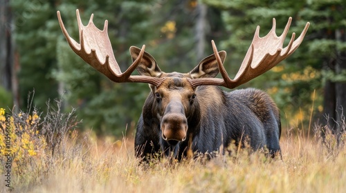 Bull moose with impressive antlers in a natural setting photo