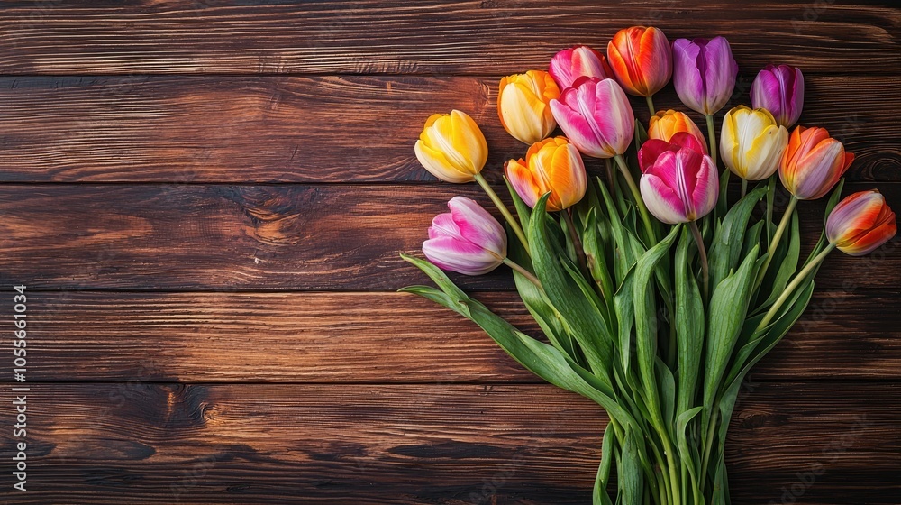 Spring Flowers A Bouquet Of Tulips Of Different Colors On The Background Of Wooden Boards Spring Flowers A Bouquet Of Tulips Of Different Colors On The Background Of Wooden Boards