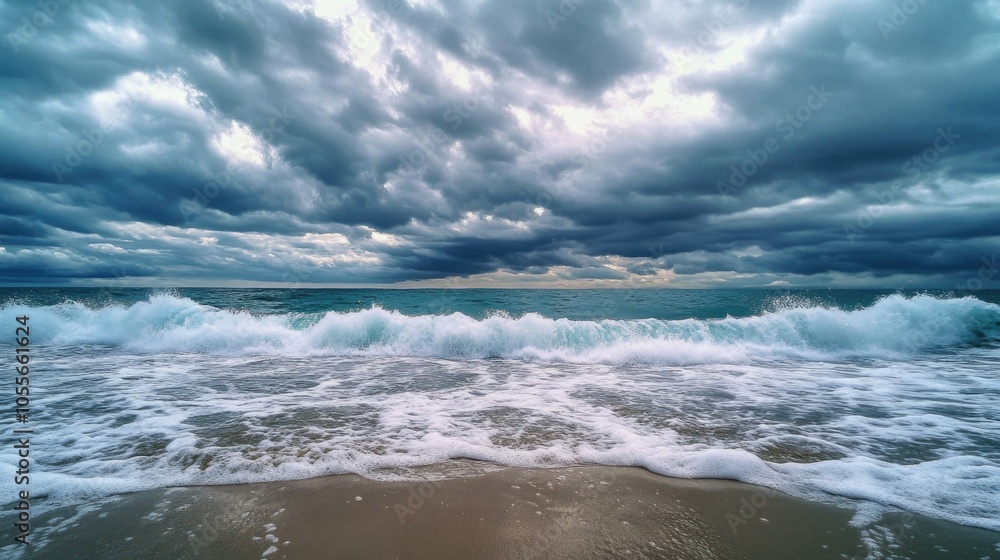 Fototapeta premium Panoramic view of ocean waves under a cloudy sky