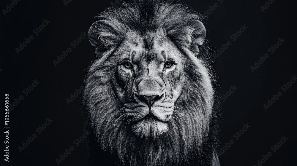 Monochrome studio portrait of a majestic and powerful lion Monochrome studio portrait of a majestic and powerful lion