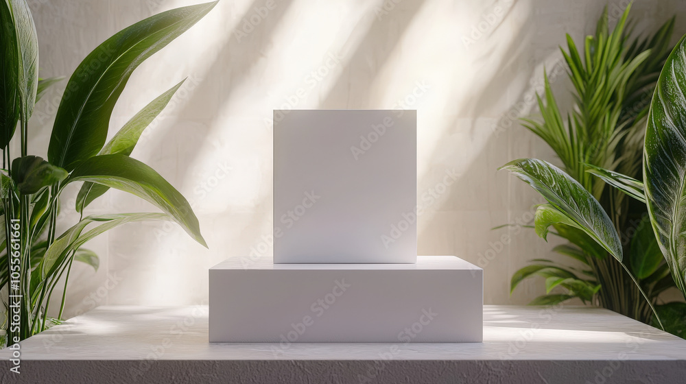 Minimalist display of blank white box on pedestal surrounded by lush green plants, creating serene and modern atmosphere. Ideal for showcasing products or branding Minimalist display of blank white box on pedestal surrounded by lush green plants, creating serene and modern atmosphere. Ideal for showcasing products or branding