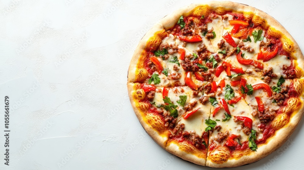 Classic pizza topped with tomato sauce mozzarella spicy chorizo and sweet peppers presented on a white table featuring ample copy space for promotional use Classic pizza topped with tomato sauce mozzarella spicy chorizo and sweet peppers presented on a white table featuring ample copy space for promotional use