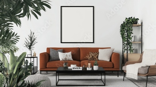 Cozy living room with mock-up poster frame, brown sofa, black coffee table, boucle armchair, pillows, and accessories