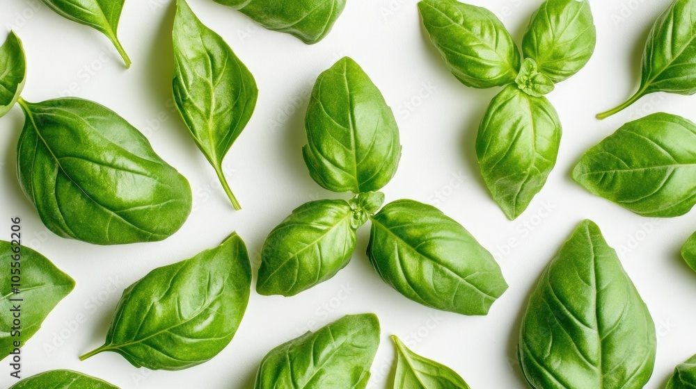 Close up of vibrant green basil leaves on a white background Close up of vibrant green basil leaves on a white background