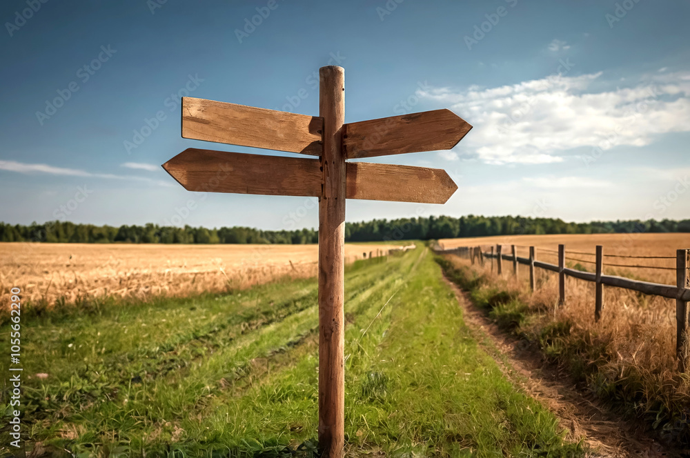 Rustic Wooden Directional Signpost in Open Field Under Blue Sky Rustic Wooden Directional Signpost in Open Field Under Blue Sky