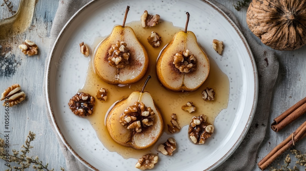 Baked pears topped with ricotta walnuts honey and cinnamon on a white plate viewed from above A delightful dessert perfect for autumn Baked pears topped with ricotta walnuts honey and cinnamon on a white plate viewed from above A delightful dessert perfect for autumn