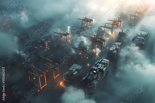 Industrial Fogscape: A dramatic aerial view of a futuristic cityscape shrouded in mist, with towering industrial structures and cargo cranes silhouetted against a moody sky.