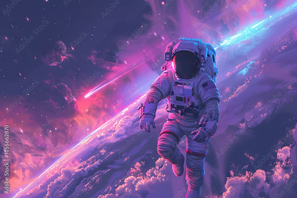 Astronaut amidst cosmic lights and clouds in space. Generative AI image Astronaut amidst cosmic lights and clouds in space. Generative AI image