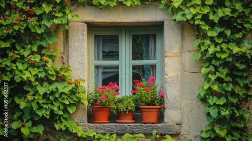 Window adorned with ivy and vibrant plants creating a lush overgrown home environment filled with natural beauty