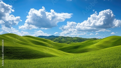 Fototapeta Naklejka Na Ścianę i Meble -  Vibrant green grass blankets rolling hills set against a clear blue sky dotted with fluffy white clouds creating a picturesque landscape