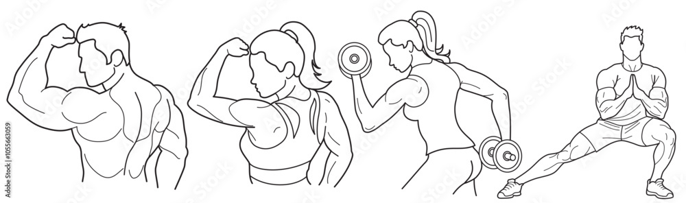 Set of line drawn silhouettes of people doing sports and fitness. Stylized graphic of a muscular men and women, set against a white background. Set of line drawn silhouettes of people doing sports and fitness. Stylized graphic of a muscular men and women, set against a white background.