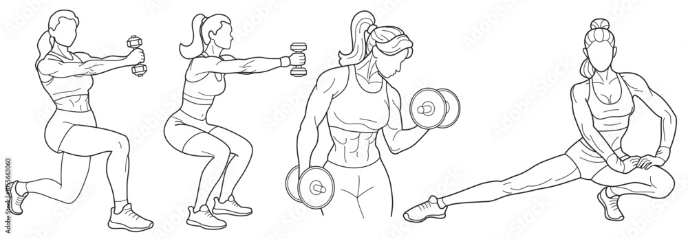Set of line drawn silhouettes of people doing sports and fitness. Stylized graphic of a muscular women, set against a white background. Set of line drawn silhouettes of people doing sports and fitness. Stylized graphic of a muscular women, set against a white background.