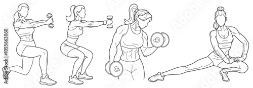 Set of line drawn silhouettes of people doing sports and fitness. Stylized graphic of a muscular women, set against a white background.