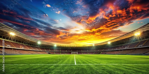 Seamless soccer stadium landscape with lush green grass and vibrant sky at sunset, pitch, soccer field