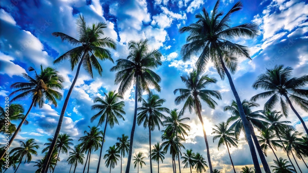 Silhouetted palm trees against a bright blue sky with white clouds, sunny day, relaxed atmosphere, beach scenery, tropical landscape Silhouetted palm trees against a bright blue sky with white clouds, sunny day, relaxed atmosphere, beach scenery, tropical landscape