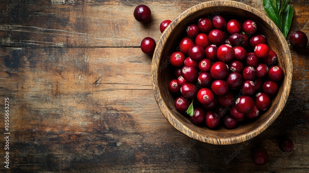 Cranberries in a wooden bowl on a rustic tabletop viewed from above Cranberries in a wooden bowl on a rustic tabletop viewed from above