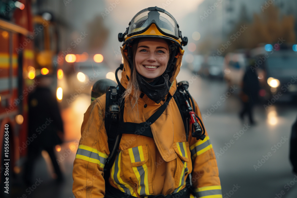 Female firefighter smiling in gear on a busy street. Generative AI image Female firefighter smiling in gear on a busy street. Generative AI image