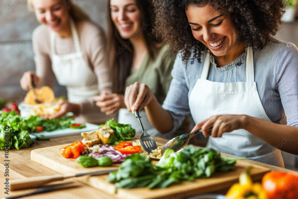 A group of friends gather around a wooden counter and prepare a colorful array of fresh vegetables. They share smiles and laughter, emphasizing friendship, the pleasure of cooking A group of friends gather around a wooden counter and prepare a colorful array of fresh vegetables. They share smiles and laughter, emphasizing friendship, the pleasure of cooking