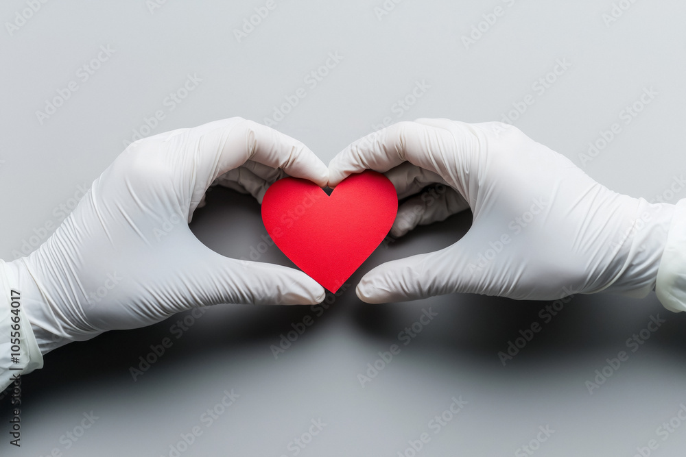 two white latex gloved hands gently holding a red heart on a neutral ...